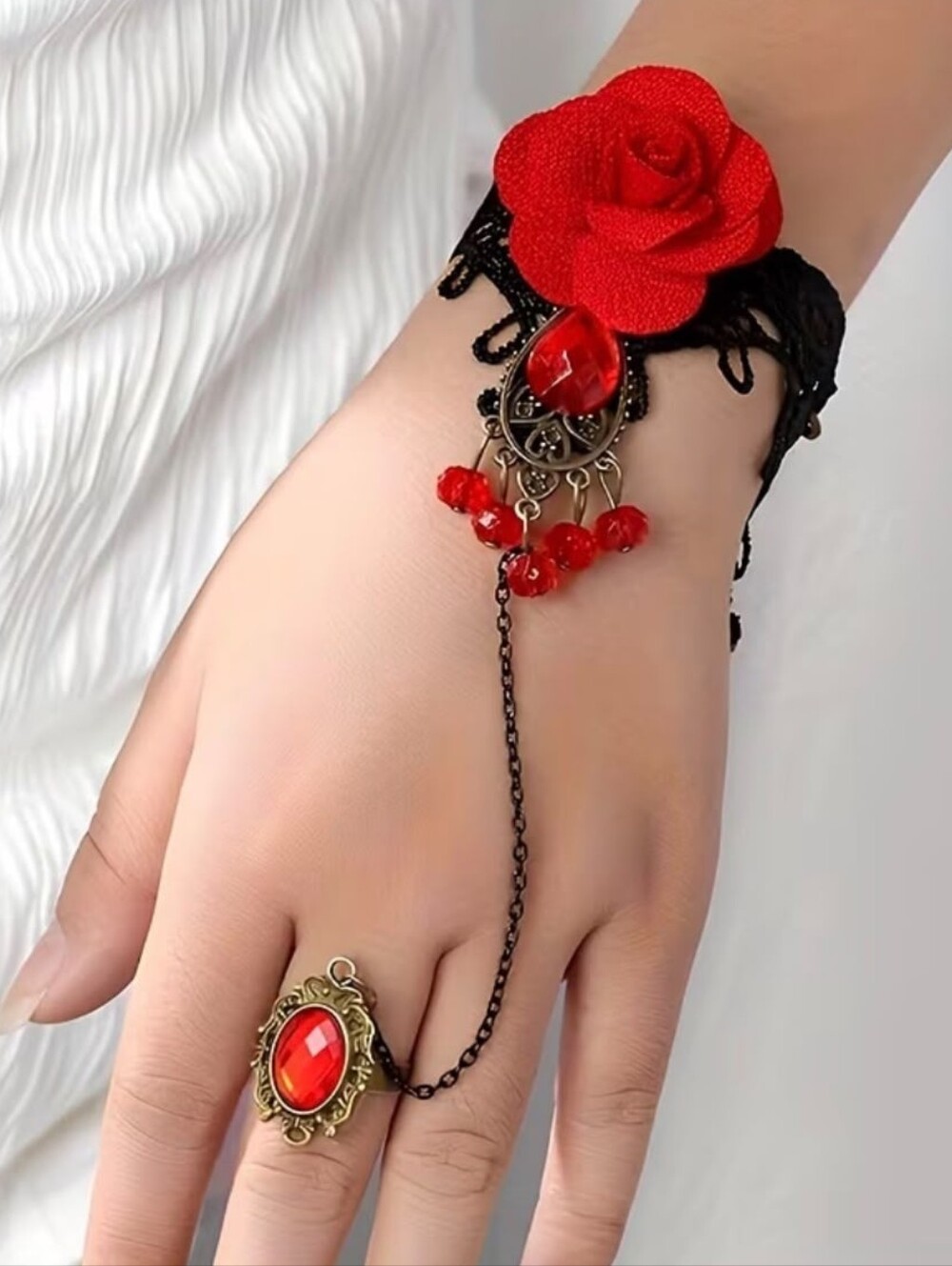 Red Rose Lace Bracelet Ring Set - Elegant Women’s Hand Jewelry